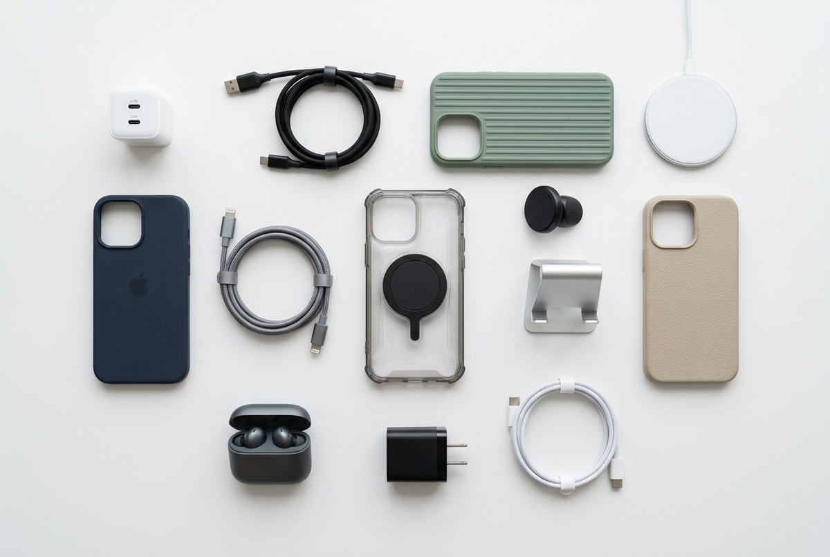 Flat lay of phone accessories