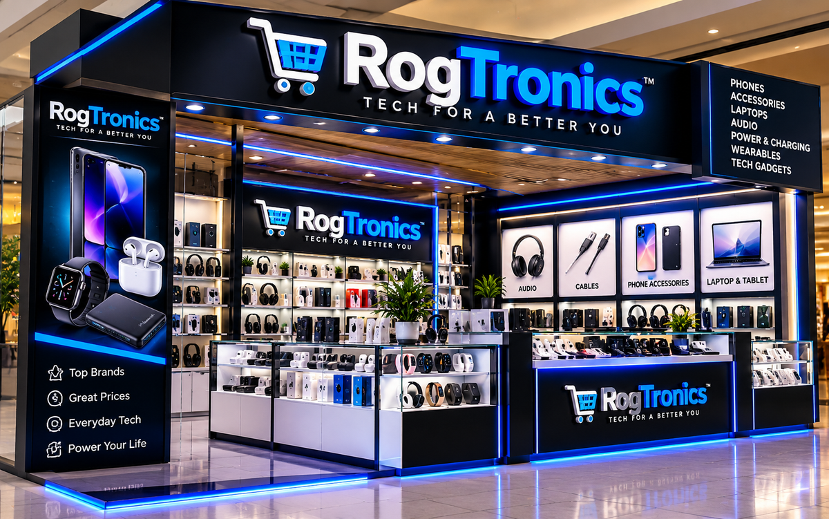 3D concept rendering of RogTronics electronics pop-up store